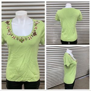 Multiples shirt sleeve top with embellished neck